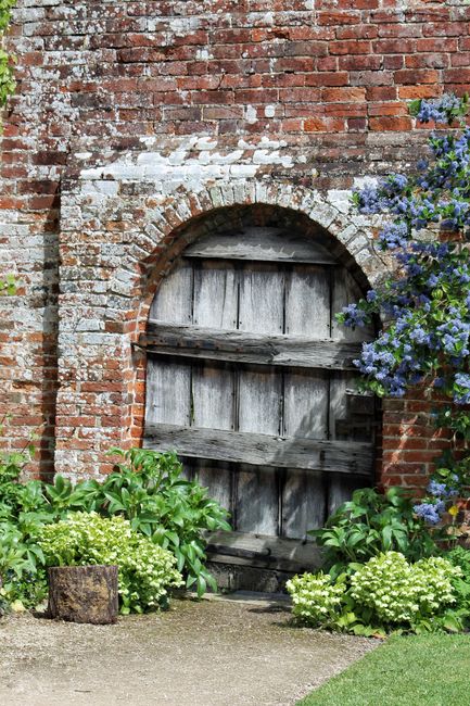 A weathered, rustic wooden door set within an arched brick wall, part of a heritage garden scene. The door appears aged, with visible wood grain and horizontal planks, partially covered by a wooden li